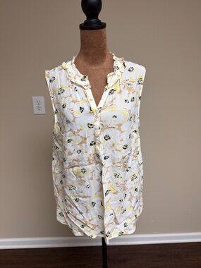 Talbots Sleeveless Floral Ruffle V-Neck Blouse - White, Yellow, Black